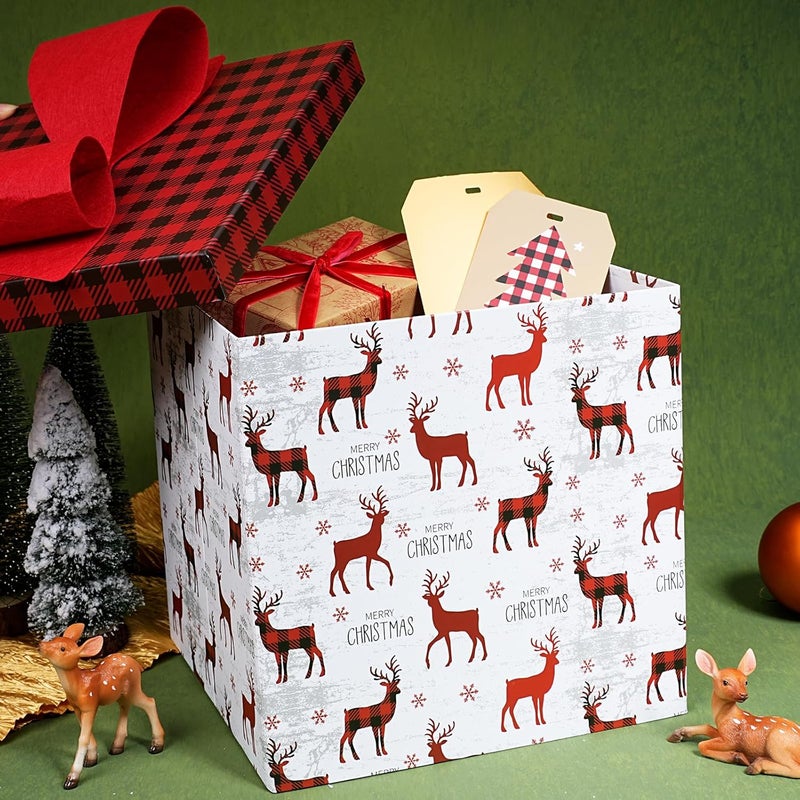 LaRibbons Large Christmas Gift Boxes with Lids,10x10x10 Inches Deer Design Folding Square Gift Boxes for Christmas Decorative,Xmas,Present,Storage,Red and White - Image 4